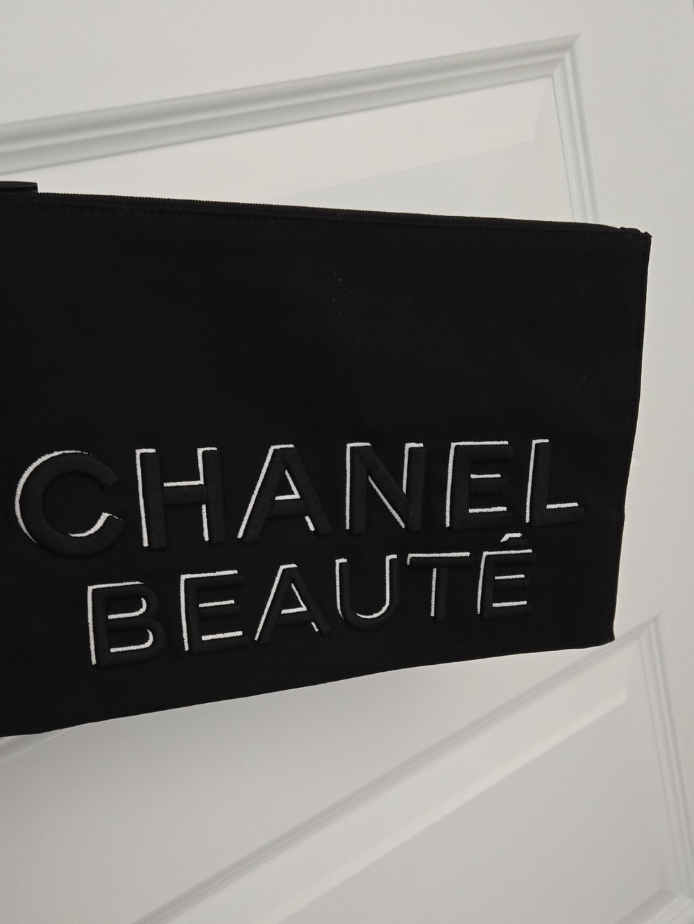 Never Used CHANEL Black Canvas Pouch w/ 3d White Embroidery Logo Chanel Beaute